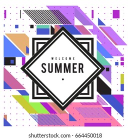 Trendy flat geometric vector banners. Vivid colorful banners in retro poster design style. Vintage colors and shapes Summer holiday theme.