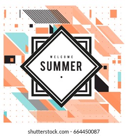 Trendy flat geometric vector banners. Vivid colorful banners in retro poster design style. Vintage colors and shapes Summer holiday theme.