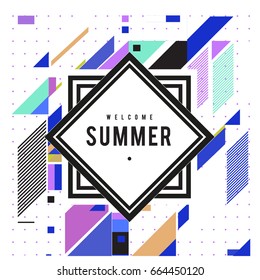 Trendy flat geometric vector banners. Vivid colorful banners in retro poster design style. Vintage colors and shapes Summer holiday theme.