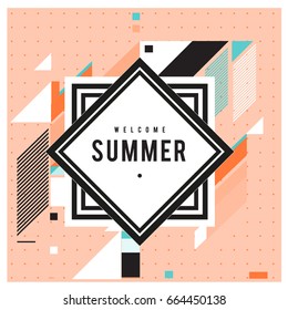 Trendy flat geometric vector banners. Vivid colorful banners in retro poster design style. Vintage colors and shapes Summer holiday theme.