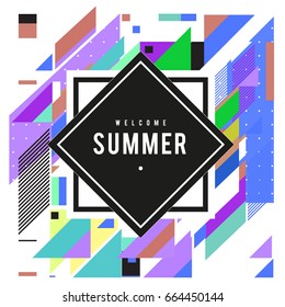 Trendy flat geometric vector banners. Vivid colorful banners in retro poster design style. Vintage colors and shapes Summer holiday theme.