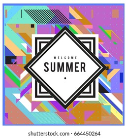Trendy flat geometric vector banners. Vivid colorful banners in retro poster design style. Vintage colors and shapes Summer holiday theme.