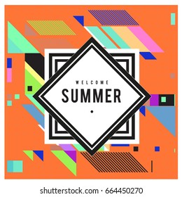 Trendy flat geometric vector banners. Vivid colorful banners in retro poster design style. Vintage colors and shapes Summer holiday theme.