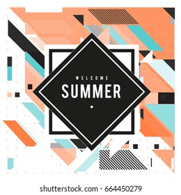 Trendy flat geometric vector banners. Vivid colorful banners in retro poster design style. Vintage colors and shapes Summer holiday theme.