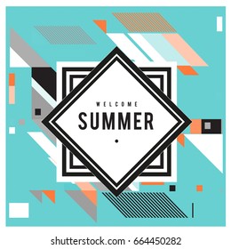 Trendy flat geometric vector banners. Vivid colorful banners in retro poster design style. Vintage colors and shapes Summer holiday theme.
