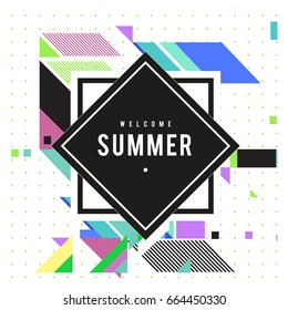 Trendy flat geometric vector banners. Vivid colorful banners in retro poster design style. Vintage colors and shapes Summer holiday theme.