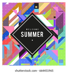 Trendy flat geometric vector banners. Vivid colorful banners in retro poster design style. Vintage colors and shapes Summer holiday theme.