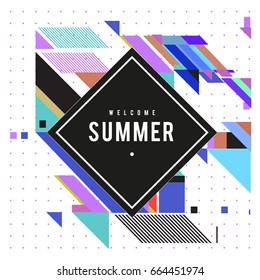 Trendy flat geometric vector banners. Vivid colorful banners in retro poster design style. Vintage colors and shapes Summer holiday theme.