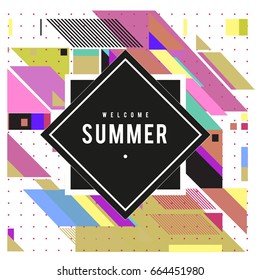 Trendy flat geometric vector banners. Vivid colorful banners in retro poster design style. Vintage colors and shapes Summer holiday theme.