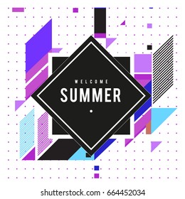 Trendy flat geometric vector banners. Vivid colorful banners in retro poster design style. Vintage colors and shapes Summer holiday theme.