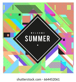 Trendy flat geometric vector banners. Vivid colorful banners in retro poster design style. Vintage colors and shapes Summer holiday theme.