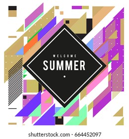 Trendy flat geometric vector banners. Vivid colorful banners in retro poster design style. Vintage colors and shapes Summer holiday theme.
