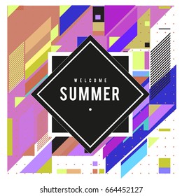 Trendy flat geometric vector banners. Vivid colorful banners in retro poster design style. Vintage colors and shapes Summer holiday theme.