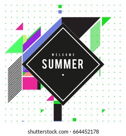 Trendy flat geometric vector banners. Vivid colorful banners in retro poster design style. Vintage colors and shapes Summer holiday theme.