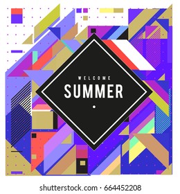 Trendy flat geometric vector banners. Vivid colorful banners in retro poster design style. Vintage colors and shapes Summer holiday theme.