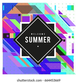 Trendy flat geometric vector banners. Vivid colorful banners in retro poster design style. Vintage colors and shapes Summer holiday theme.