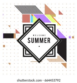 Trendy flat geometric vector banners. Vivid colorful banners in retro poster design style. Vintage colors and shapes Summer holiday theme.