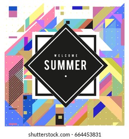 Trendy flat geometric vector banners. Vivid colorful banners in retro poster design style. Vintage colors and shapes Summer holiday theme.