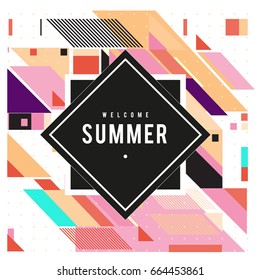 Trendy flat geometric vector banners. Vivid colorful banners in retro poster design style. Vintage colors and shapes Summer holiday theme.