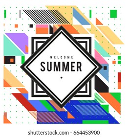 Trendy flat geometric vector banners. Vivid colorful banners in retro poster design style. Vintage colors and shapes Summer holiday theme.
