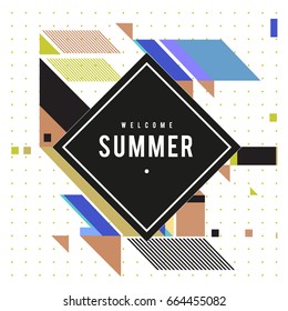 Trendy flat geometric vector banners. Vivid colorful banners in retro poster design style. Vintage colors and shapes Summer holiday theme.