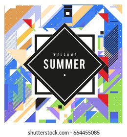 Trendy flat geometric vector banners. Vivid colorful banners in retro poster design style. Vintage colors and shapes Summer holiday theme.