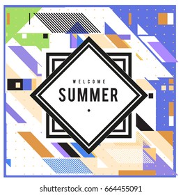 Trendy flat geometric vector banners. Vivid colorful banners in retro poster design style. Vintage colors and shapes Summer holiday theme.