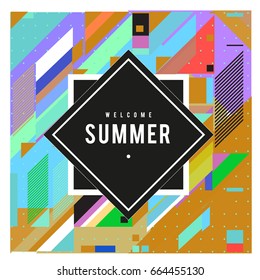 Trendy flat geometric vector banners. Vivid colorful banners in retro poster design style. Vintage colors and shapes Summer holiday theme.