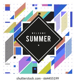 Trendy flat geometric vector banners. Vivid colorful banners in retro poster design style. Vintage colors and shapes Summer holiday theme.