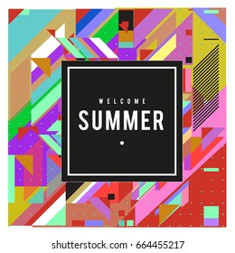 Trendy flat geometric vector banners. Vivid colorful banners in retro poster design style. Vintage colors and shapes Summer holiday theme.