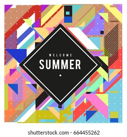 Trendy flat geometric vector banners. Vivid colorful banners in retro poster design style. Vintage colors and shapes Summer holiday theme.