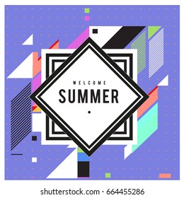 Trendy flat geometric vector banners. Vivid colorful banners in retro poster design style. Vintage colors and shapes Summer holiday theme.