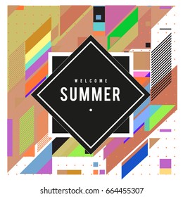 Trendy flat geometric vector banners. Vivid colorful banners in retro poster design style. Vintage colors and shapes Summer holiday theme.