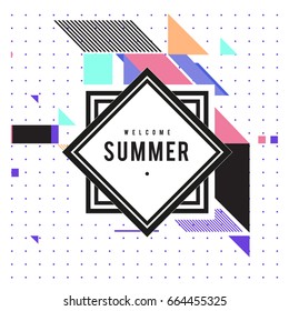 Trendy flat geometric vector banners. Vivid colorful banners in retro poster design style. Vintage colors and shapes Summer holiday theme.