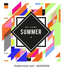 Trendy flat geometric vector banners. Vivid colorful banners in retro poster design style. Vintage colors and shapes Summer holiday theme.