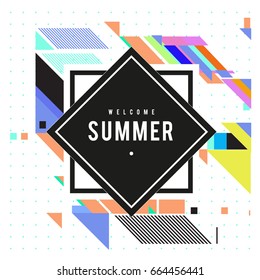 Trendy flat geometric vector banners. Vivid colorful banners in retro poster design style. Vintage colors and shapes Summer holiday theme.