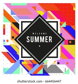 Trendy flat geometric vector banners. Vivid colorful banners in retro poster design style. Vintage colors and shapes Summer holiday theme.