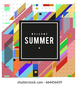 Trendy flat geometric vector banners. Vivid colorful banners in retro poster design style. Vintage colors and shapes Summer holiday theme.