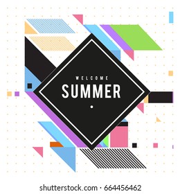 Trendy flat geometric vector banners. Vivid colorful banners in retro poster design style. Vintage colors and shapes Summer holiday theme.