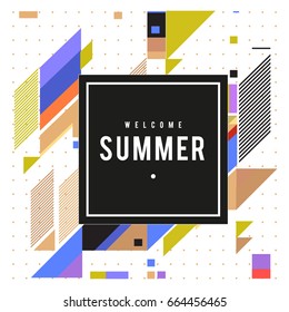 Trendy flat geometric vector banners. Vivid colorful banners in retro poster design style. Vintage colors and shapes Summer holiday theme.