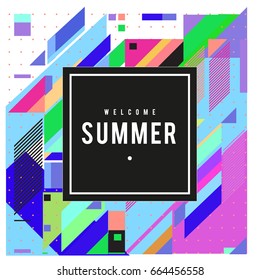 Trendy flat geometric vector banners. Vivid colorful banners in retro poster design style. Vintage colors and shapes Summer holiday theme.