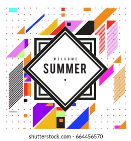Trendy flat geometric vector banners. Vivid colorful banners in retro poster design style. Vintage colors and shapes Summer holiday theme.