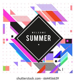 Trendy flat geometric vector banners. Vivid colorful banners in retro poster design style. Vintage colors and shapes Summer holiday theme.