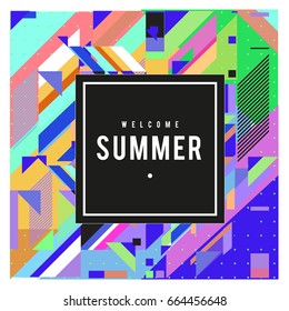Trendy flat geometric vector banners. Vivid colorful banners in retro poster design style. Vintage colors and shapes Summer holiday theme.