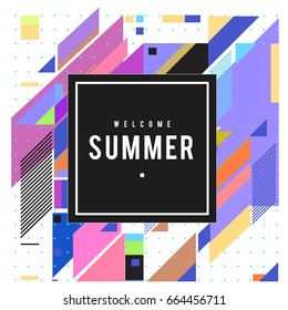 Trendy flat geometric vector banners. Vivid colorful banners in retro poster design style. Vintage colors and shapes Summer holiday theme.