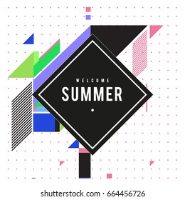 Trendy flat geometric vector banners. Vivid colorful banners in retro poster design style. Vintage colors and shapes Summer holiday theme.
