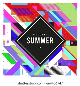 Trendy flat geometric vector banners. Vivid colorful banners in retro poster design style. Vintage colors and shapes Summer holiday theme.