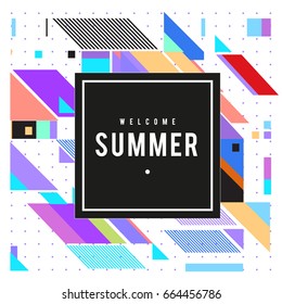 Trendy flat geometric vector banners. Vivid colorful banners in retro poster design style. Vintage colors and shapes Summer holiday theme.