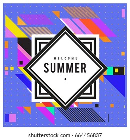 Trendy flat geometric vector banners. Vivid colorful banners in retro poster design style. Vintage colors and shapes Summer holiday theme.