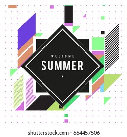 Trendy flat geometric vector banners. Vivid colorful banners in retro poster design style. Vintage colors and shapes Summer holiday theme.